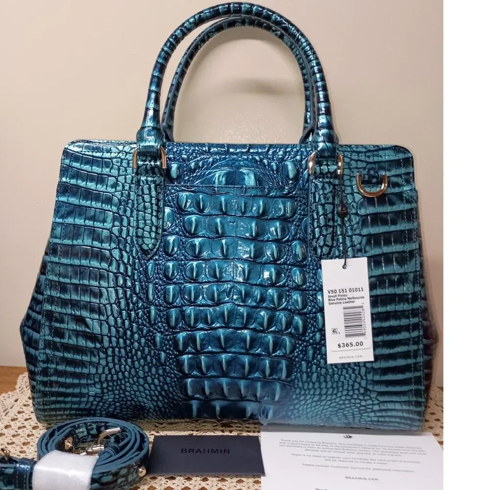 NWT BRAHMIN Melbourne Collection Blue Patina Small Finley Carryall Satchel Bag